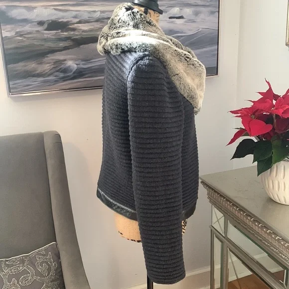 ST. JOHN Designer fur Coat Jacket Leather Wool Rabbit Gray S 4 6 Luxury - Picture 4 of 14